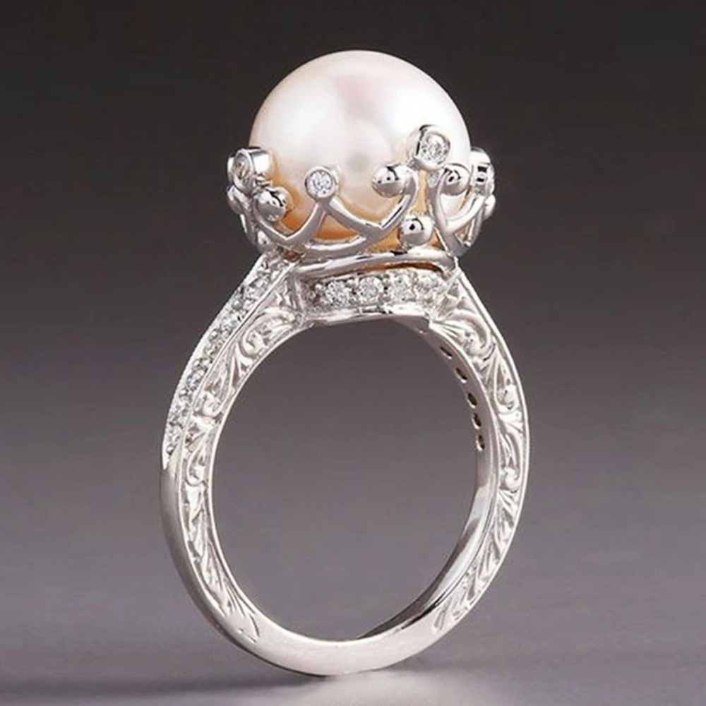 🔥Fleur de Lys Crown 12MM Faux Pearl Ring in Silvertone Size 6 - Picture 1 of 2